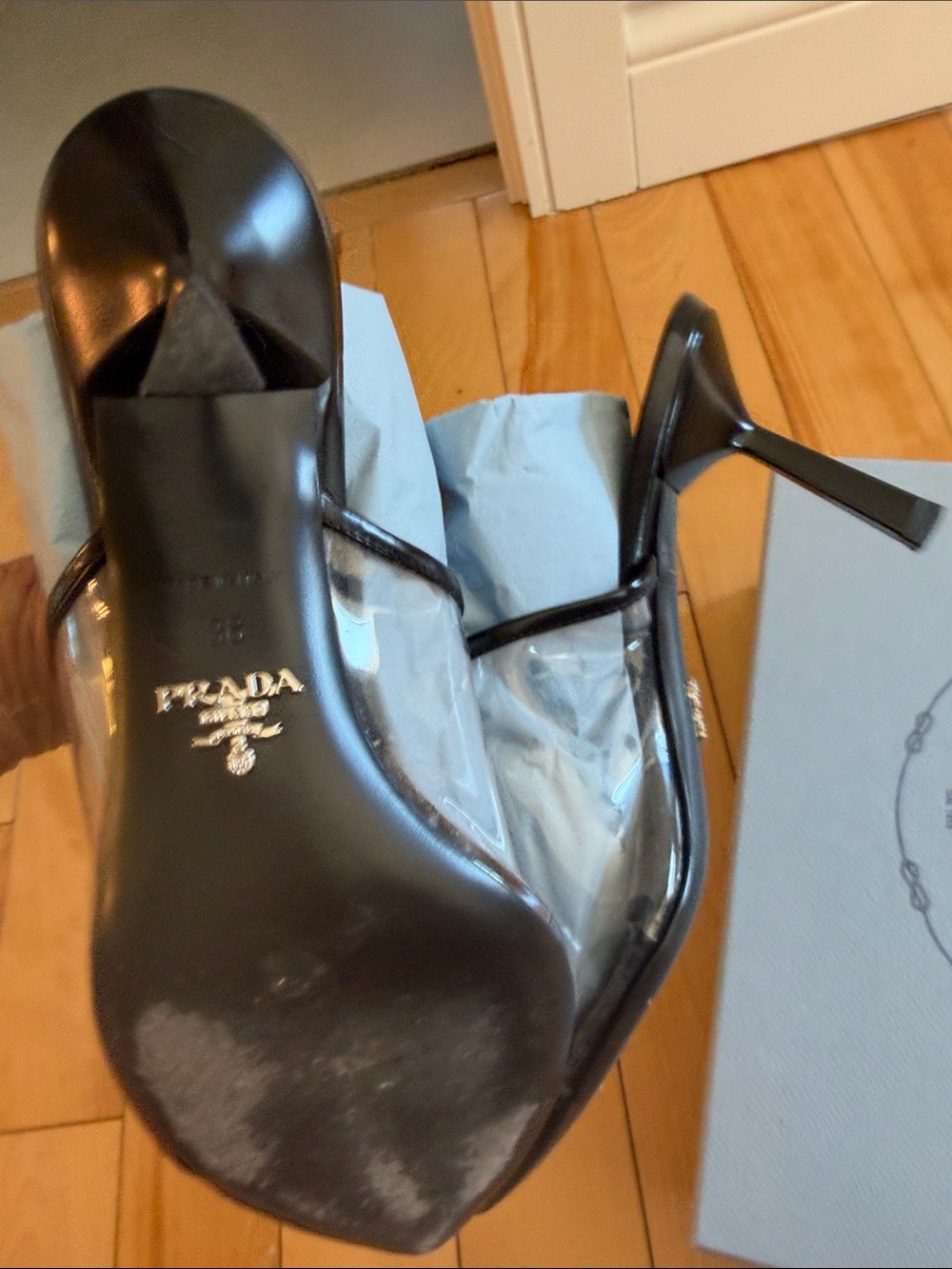 Prada Black Leather Pointed Toe Logo Slingbacks - Picture 7 of 9